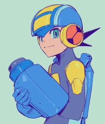 absurdres arm_cannon blue_bodysuit blue_helmet bodysuit closed_mouth commentary_request cowboy_shot green_background green_eyes helmet highres jinsu_exe korean_commentary mega_man_(series) mega_man_battle_network_(series) megaman.exe netnavi simple_background smile weapon 