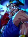  adjusting_eyewear baseball_cap blue_shorts brown_hair collarbone crossed_legs flipped_hair fur_trim glasses glowing grin hat highres jewelry manomarino mzd parted_lips pop&#039;n_music ring screen shorts smile vest 