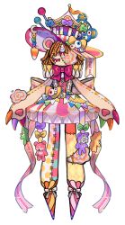  1girl absurdres animal_ears animal_hands back_bow bear_ears bow carousel_hat claws closed_eyes commentary dress full_body hat highres horns large_bow monsha_moa neck_ruff no_feet orange_hair original patchwork_skin pink_bow short_hair simple_background single_horn solo standing stuffed_animal stuffed_toy stuffing symbol-only_commentary teddy_bear top_hat white_background 