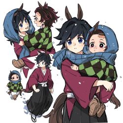  2boys age_difference aged_down animal_ears black_hair blue_eyes blue_scarf boots brown_boots carrying checkered_haori child child_carry commentary earrings hanafuda_earrings haori highres hood hood_up horse_ears horse_tail japanese_clothes jewelry kamado_tanjirou kemonomimi_mode kimetsu_no_yaiba kimono long_sleeves looking_afar male_focus multiple_boys open_mouth red_eyes red_hair red_kimono sandals scarf simple_background smile symbol-only_commentary tail tomioka_giyuu walking white_background yanzhan 