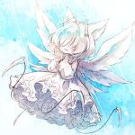  1girl angel_wings animal_ears antennae blade blue_background dress floating full_body hair_over_eyes halo long_sleeves lowres medium_hair original own_hands_together parted_lips rakuni smile solo white_dress white_hair white_wings wings 