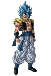  1boy abs bare_shoulders black_vest blue_eyes blue_hair blue_sash clenched_hands commentary_request cropped_vest dragon_ball dragon_ball_super dragon_ball_super_broly full_body gogeta highres male_focus medium_hair metamoran_vest muma_maximum76 muscular muscular_male no_shirt pants sash simple_background solo spiky_hair super_saiyan super_saiyan_blue vest white_background white_pants 