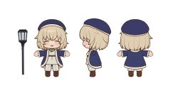  belt beret blonde_hair blue_coat blue_hat brown_shoes chibi chibi_only closed_eyes coat dungeon_meshi falin_touden falin_touden_(tallman) hat highres mayo_(mayo88meshi) open_mouth pants reference_sheet shirt shoes short_hair simple_background smile staff teeth upper_teeth_only white_background 