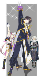  1girl 2boys :3 aiguillette animal_hat anime_coloring belt black_belt black_boots black_coat black_gloves black_hair black_pants black_sandals black_shoes black_shorts black_vest blonde_hair boots border bow bowtie bright_pupils brown_belt cat_hat clapping closed_mouth coat daisy_(flower) earrings epaulettes flower fluffy_hair frilled_shirt frilled_shorts frilled_sleeves frills full_body fur-trimmed_gloves fur_hat fur_scarf fur_trim gloves green_eyes grey_background hair_between_eyes half-skirt hanafuda_earrings hand_on_own_hip hat hat_bow hat_flower head_tilt heterochromia high_collar highres idol_clothes japanese_clothes jewelry kariginu knee_boots long_coat long_hair long_sleeves looking_up loose_belt low_twintails multicolored_hair multiple_boys murakumo_kagetsu murakumo_kagetsu_(1st_costume) necklace nijisanji nijisanji_en nijisanji_idol_uniform nijisanji_kr npppiyo official_alternate_costume open_mouth outside_border pants pants_under_skirt parted_hair pelvic_curtain pink_bow pink_hair pink_streaks posing rope_belt sandals scarf shirt shoes short_hair short_sleeves shorts shu_yamino side_part sidelocks single_epaulette skirt smile smirk sparkle standing streaked_hair tassel twintails two-tone_hair very_long_hair vest violet_eyes white_border white_bow white_bowtie white_flower white_gloves white_hair white_hat white_pupils white_scarf white_shirt white_skirt white_streaks xiangyun yamikumoyan_(nijisanji) yang_nari 