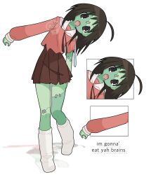  1girl ahoge artist_logo asymmetrical_sleeves azumanga_daioh azumanga_daioh's_school_uniform brown_eyes brown_hair colored_skin commentary drooling english_commentary english_text full_body green_skin highres kasuga_ayumu leaning_to_the_side logo long_hair long_sleeves looking_at_viewer neck_ribbon no_shoes open_mouth outstretched_arm patchwork_skin pleated_skirt ribbon school_uniform serafuku skirt smile socks standing standing_on_one_leg stitched_face stitches thea_(w_alladoo) torn_clothes watermark zombie 