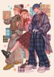  1girl 2boys artist_name blonde_hair blue_hair chainsaw_man denji_(chainsaw_man) hands_in_pockets hayakawa_aki long_hair looking_at_viewer multiple_boys munette open_mouth pants plaid plaid_pants plaid_skirt power_(chainsaw_man) shoes short_hair simple_background skirt teeth upper_teeth_only v watermark 