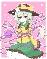  1girl absurdres bdsm blouse bondage bound bound_arms commentary_request green_hair hat hat_ribbon heart highres komeiji_koishi ribbon shibari shibari_over_clothes shirt simple_background third_eye touhou yellow_shirt 