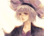  1girl blunt_bangs disneyland grey_hair hat ho_(pixiv_rxnx3444) looking_at_viewer makeup purple_headwear recruiters_(disney) short_hair simple_background solo upper_body veil_(disney) 