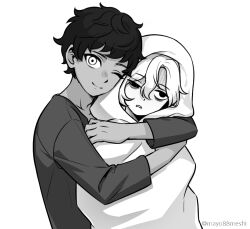  2boys artist_name closed_mouth dungeon_meshi greyscale hair_between_eyes hood hug kabru male_focus mayo_(mayo88meshi) mithrun monochrome multiple_boys one_eye_closed robe shirt short_hair simple_background smile teeth unamused upper_body white_background 