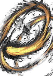  1girl absurdres bare_back breasts commentary english_commentary fighting_stance highres holding holding_mallet holding_weapon jarrchesky karenina:_scire_(pgr) karenina_(pgr) leg_up long_hair looking_at_viewer looking_back mallet mechanical_arms monochrome punishing:_gray_raven simple_background small_breasts solo twintails weapon white_background yellow_eyes 