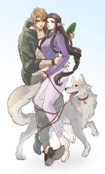  1boy 1girl animal_collar arm_around_waist black_shoes blonde_hair blue_background blue_eyes braid breasts brown_hair collar commentary_request couple earrings full_body gradient_background grey_hood grey_pants hair_between_eyes hetero highres holding holding_leash jacket jewelry kurokawa_karasu leash link long_hair low-tied_long_hair medium_breasts pants parted_bangs parted_lips princess_zelda purple_jacket purple_pants shoes short_hair sidelocks single_braid the_legend_of_zelda the_legend_of_zelda:_twilight_princess tongue tongue_out triforce white_shoes wolf wolf_link 
