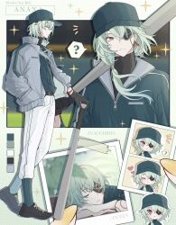  1boy ? anaxa_(honkai:_star_rail) aqua_hair aqua_shirt ayacchirin baseball_bat baseball_cap baseball_uniform belt black_gloves black_shoes character_name chibi closed_eyes closed_mouth commentary earrings english_commentary eyepatch gloves grey_eyes grey_jacket hat highres holding holding_baseball_bat honkai:_star_rail honkai_(series) jacket jewelry long_hair long_sleeves male_focus multiple_views pants shirt shoes sneakers sportswear white_pants zipper 