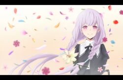  1girl assault_lily ayanyannn black_ribbon black_shirt braid commentary eyelashes flower highres hitotsuyanagi_yuri juliet_sleeves letterboxed long_sleeves looking_at_viewer name_connection object_namesake petals pink_eyes pink_flower puffy_sleeves purple_hair ribbon shirt smile solo twin_braids twitter_username upper_body white_lily wind 