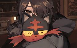  1girl :3 black_fur black_hoodie brown_eyes brown_hair cat closed_eyes colored_sclera commentary covered_mouth hair_over_one_eye highres holding holding_pokemon hood hood_down hoodie knifedragon litten photo-referenced pokemon pokemon_(creature) pokemon_focus pokemon_sm red_fur smile symbol-only_commentary two-tone_fur yellow_sclera 