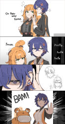  1boy 3girls absurdres among_us animal_ears azz0422 belle_(delicate_sunlight)_(zenless_zone_zero) belle_(zenless_zone_zero) blue_eyes blue_hair breasts chinese_clothes crewmate_(among_us) hair_between_eyes hair_ornament highres ju_fufu letter_hair_ornament multiple_girls official_alternate_costume open_mouth orange_hair short_hair tail tiger_ears tiger_girl tiger_tail wise_(soaring_crane)_(zenless_zone_zero) wise_(zenless_zone_zero) yixuan_(zenless_zone_zero) zenless_zone_zero 