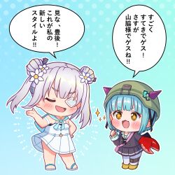  +_+ 2girls :d absurdres black_skirt blue_background blue_hair blunt_bangs blush blush_stickers bungo_yayoi chibi chibi_only clenched_hand commentary_request crab_claw double_bun doyagao dress fake_horns fake_pincers flower full_body hair_bun hair_flower hair_ornament hand_on_own_hip hand_up heaven_burns_red helmet highres horned_helmet horns looking_at_another medium_hair miniskirt multiple_girls official_alternate_costume open_mouth outline pleated_skirt sandals simple_background sizmaru11 skirt sleeveless sleeveless_dress smile smug sparkle speech_bubble standing sundress translation_request twintails white_dress white_flower white_hair white_outline white_sandals yamawaki_bon_ivar yellow_eyes 