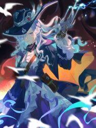  1girl black_coat black_gloves black_hat coat dark_background gloves grin gun hair_over_one_eye hand_up handgun hashtag-only_commentary hat highres holding holding_gun holding_weapon long_hair monuo518 official_alternate_costume one_eye_covered purple_skirt purple_vest reverse:1999 shirt skirt smile solo upper_body vest violet_eyes weapon white_hair white_shirt windsong_(reverse:1999) 