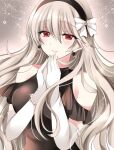  1girl alternate_costume bare_shoulders black_dress black_hairband blush bow breasts closed_mouth clothing_cutout commentary corrin_(female)_(fire_emblem) corrin_(fire_emblem) dress earrings elbow_gloves fire_emblem fire_emblem_fates formal gloves grey_background grey_hair hair_between_eyes hair_bow hairband jewelry kirishima_riona lips long_hair looking_at_viewer medium_breasts own_hands_together pink_lips pointy_ears red_eyes shoulder_cutout sleeveless sleeveless_dress smile solo very_long_hair wavy_hair white_bow white_gloves 