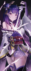  1girl absurdres bare_shoulders blunt_bangs braid bridal_gauntlets closed_mouth clothing_cutout commentary drawing_sword electricity fan_hair_ornament genshin_impact glowing glowing_sword glowing_weapon gradient_hair hair_ornament head_tilt highres holding holding_sword holding_weapon human_scabbard japanese_clothes kimono long_braid long_hair looking_at_viewer mitsudomoe_(shape) mole mole_under_eye multicolored_hair musou_isshin_(genshin_impact) neck_ribbon off_shoulder purple_hair purple_kimono raiden_shogun red_ribbon red_sash ribbon sash solo sword sword_between_breasts tomoe_(symbol) violet_eyes weapon wuzhihuijia 