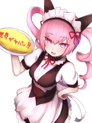  1girl :3 akiha_rumiho animal_ear_hairband animal_ears belt_around_waist belt_buckle buckle cat_ears commentary_request drill_hair fake_animal_ears food frills hairband hand_on_own_hip highres hitotsuki_no_yagi holding holding_tray long_hair looking_at_viewer maid maid_headdress mayqueen_maid_uniform omelet omurice pink_eyes pink_hair puffy_short_sleeves puffy_sleeves science_adventure short_sleeves smile solo steins;gate tray tsurime twin_drills twintails 