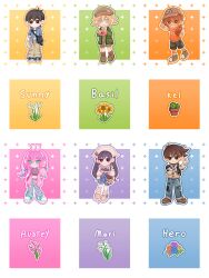  2girls 4boys :d :| \||/ absurdres adjusting_headphones animal_charm animal_ear_headphones animal_ears antenna_hair aqua_shoes aubrey_(birthday)_(omori) aubrey_(faraway)_(omori) aubrey_(omori) bag bag_charm baggy_pants ball bare_shoulders baseball_cap basil_(birthday)_(omori) basil_(faraway)_(omori) basil_(omori) basketball_(object) belt black_bag black_belt black_eyes black_hair black_shirt black_shorts blonde_hair blue_bow blue_eyes blue_flower blue_jacket blue_outline blue_pants blue_ribbon blue_rose blue_shoes blue_shorts blush boots border bow braid bright_pupils brother_and_sister brothers brown_bag brown_boots brown_hair brown_hat brown_overalls brown_pants brown_shoes cactus camouflage camouflage_shorts cardigan cardigan_partially_removed character_bag character_charm character_doll character_name charm_(object) chibi chibi_only chinese_commentary chocolate_chip_cookie closed_mouth clothes_writing clothing_cutout collared_jacket collared_shirt commentary_request converse cookie copyright_name crop_top cropped_shirt dark-skinned_male dark_skin deformed denim doll dot_nose double-parted_bangs double_horizontal_stripe drawstring ear_piercing elbow_carry english_text expressionless fake_animal_ears flower flower_pot flower_wreath food forest_bunny?_(omori) full_body gladiolus green_cardigan green_outline green_shoes grey_hat grey_hoodie grid_teeth grin hair_behind_ear hair_between_eyes hair_bow hair_ornament hairclip hand_up handbag hat head_wreath headphones headscarf hector_(omori) hero_(birthday)_(omori) hero_(faraway)_(omori) hero_(omori) highres holding holding_bag holding_ball holding_head_wreath holding_stuffed_toy hood hood_down hoodie jacket jeans kel_(birthday)_(omori) kel_(faraway)_(omori) kel_(omori) kneehighs layered_sleeves leg_hair legs_apart lily_of_the_valley long_hair long_sleeves looking_at_viewer low_ponytail low_twin_braids male_focus mari_(birthday)_(omori) mari_(faraway)_(omori) mari_(omori) mari_(spirit)_(omori) mewo midriff mr._plantegg_(omori) multiple_boys multiple_girls navel newsboy_cap no_sclera official_alternate_costume official_alternate_hairstyle omori open_cardigan open_clothes open_jacket open_mouth orange_background orange_flower orange_outline orange_rose orange_shirt outline outside_border outstretched_arm overall_shorts overalls pants parallel_hairclips piercing pink_background pink_bag pink_cardigan pink_flower pink_hair pink_outline pink_rose plant plastic_bag ponytail potted_plant puffy_long_sleeves puffy_sleeves purple_flower purple_outline purple_rose rabbit_ear_headphones rabbit_ears rainbrey_0801 ribbon ribbon-trimmed_pants rose shirt shoelaces shoes short-sleeved_jacket short_hair short_over_long_sleeves short_ponytail short_sleeves shorts shoulder_bag siblings sidelocks simple_background sleeveless sleeveless_turtleneck smile sneakers socks something_(omori) sparkle standing standing_on_one_leg star_(symbol) stuffed_toy sunflower sunny_(birthday)_(omori) sunny_(omori) sweater tareme thigh-highs torn_clothes torn_jeans torn_pants tulip turtleneck turtleneck_shirt turtleneck_sweater twin_braids very_long_hair waving white_border white_cardigan white_flower white_headscarf white_jacket white_outline white_pupils white_shirt white_socks white_thighhighs white_tulip yellow_flower yellow_outline yellow_rose 
