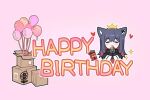  1girl :3 animal_ears arknights balloon black_gloves black_hair box cardboard_box chibi crown ear_piercing fingerless_gloves gloves happy_birthday heart huang_qing_ye jacket long_hair own_hands_together penguin_logistics_logo piercing pink_background redhead sidelocks simple_background solo sparkle texas_(arknights) white_jacket wolf_ears 