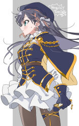  1girl aiguillette anchor_earrings anime_coloring aqua_eyes beret black_bodystocking black_capelet black_gloves black_hair black_pantyhose black_shirt black_skirt blue_hat blush bodystocking braid buttons capelet collar detached_sleeves double-breasted earrings english_commentary english_text floating_hair frilled_collar frilled_skirt frills from_side gloves hair_ribbon hat high-waist_skirt high_collar highres holding holding_microphone jewelry layered_shirt light_frown long_hair long_sleeves looking_ahead microphone miniskirt multicolored_hair nijisanji nijisanji_en nijisanji_idol_uniform npppiyo official_alternate_costume official_alternate_hairstyle orange_hair pantyhose pentomo_(petra_gurin) petra_gurin ribbon shirt skirt solo sweatdrop thigh_strap two-tone_hair virtual_youtuber white_collar white_ribbon white_skirt 