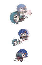  3girls :3 :d :o ^_^ animal_ears black_gloves black_shorts blunt_bangs blush brown_thighhighs closed_eyes closed_mouth commentary dot_nose fingerless_gloves flying_sweatdrops fur-trimmed_sleeves fur_trim gloves green_eyes green_hair grey_jacket hair_ornament highres hue_oo hug jacket jane_doe_(zenless_zone_zero) letter_hair_ornament long_sleeves lying mouse_ears mouse_girl mouse_tail multiple_girls on_side open_mouth short_hair shorts simple_background smile symbol-only_commentary tail thigh-highs torn_clothes torn_thighhighs twitter_username white_background zenless_zone_zero zhao_(zenless_zone_zero) 