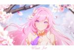  1girl :d absurdres bare_shoulders blue_sky blurry blurry_foreground cherry_blossoms dress elf elysia_(herrscher_of_human:ego)_(honkai_impact) elysia_(honkai_impact) euzh266 grin hair_ornament highres honkai_(series) honkai_impact_3rd long_hair looking_at_viewer outdoors petals pink_eyes pink_hair pointy_ears sky smile solo teeth very_long_hair white_dress 