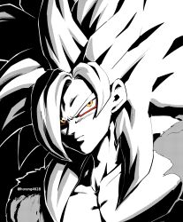  1boy absurdres bare_shoulders body_fur closed_mouth cropped_shoulders dragon_ball highres horang4628 limited_palette long_hair looking_at_viewer male_focus monkey_boy monochrome muscular muscular_male no_nipples pectorals saiyan solo son_goku spiky_hair super_saiyan super_saiyan_4 yellow_eyes 