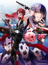  2girls 3boys architecture armpits bandaged_arm bandages bandolier banzoin_hakka belt black_choker black_gloves black_hair black_nails black_pants black_sclera blue_eyes boots bullet chest_sarashi choker colored_sclera commentary copyright_notice corruption_beast_(holostars_english) creature east_asian_architecture elizabeth_rose_bloodflame english_commentary evil_grin evil_smile fangs fingerless_gloves fishnet_gloves fishnets from_behind gloves grin gun hair_ornament hair_over_one_eye hairclip highres holding holding_gun holding_sword holding_weapon hololive hololive_english holostars holostars_english hoto_11010 jewelry jurard_t_rexford leg_up long_hair machina_x_flayon medium_hair multicolored_hair multiple_boys multiple_girls multiple_rings nail_polish official_art open_mouth pants purple_hair red_eyes red_hair ring sample_watermark sarashi shaded_face sharp_teeth shiori_novella short_hair skull smile sorawrity_(jurard_t_rexford) split-color_hair sword teeth thorn_(elizabeth_rose_bloodflame) virtual_youtuber watermark weapon white_hair yellow_eyes 