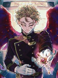  1boy absurdres alternate_costume arm_up bellhop_uniform black_coat blonde_hair boku_no_hero_academia buttons closed_mouth coat collared_coat commentary_request cowboy_shot double-breasted feathered_wings forked_eyebrows gloves gold_trim hand_on_own_stomach hawks_(boku_no_hero_academia) highres holding holding_key key looking_at_viewer male_focus one_eye_closed outstretched_arm red_wings scar scar_on_cheek scar_on_face short_hair smile solo white_gloves wings yellow_eyes yl_nui 