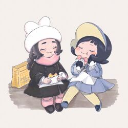  2girls ansha_(pokemon) black_coat black_gloves black_hair blush blush_stickers braid closed_eyes closed_mouth coat commentary doughnut dress eating food gloves grey_bonnet grey_dress hat highres holding holding_donut holding_food leg_warmers long_hair long_sleeves multiple_girls omochi_(aoi_guruguru) pantyhose pink_leg_warmers pink_scarf pokemon pokemon_legends:_z-a pokemon_sv poppy_(pokemon) scarf shoes short_hair smile symbol-only_commentary visor_cap white_hat winter_clothes winter_coat yellow_pantyhose 