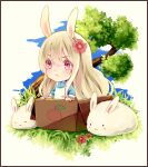  1girl :&lt; :t animal_ears apron blonde_hair blue_dress blue_sky blush_stickers border box brown_border cardboard_box chibi closed_eyes closed_mouth clover commentary day double-parted_bangs dress flower foliage frown grass hair_between_eyes in_box in_container jiman kagerou_project kozakura_marry light_blush looking_ahead mekakucity_actors nature outdoors pink_eyes pink_flower rabbit rabbit_ears simple_background sky sleeve_cuffs sleeves_past_elbows solo tree upper_body white_apron white_background white_hair white_rabbit_(animal) 