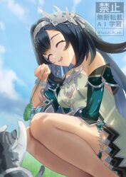  1girl black_hair blush cat closed_eyes dress genshin_impact green_sleeves grey_hairband hairband highres kazuki_(kazuki_01) lan_yan_(genshin_impact) long_hair open_mouth smile solo 