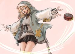  1boy :d bike_shorts bike_shorts_under_skirt black_gloves black_skirt blonde_hair blue_eyes blue_hood blue_jacket bridget_(guilty_gear) commentary cowboy_shot crossdressing crossdressing_(mtf) dress fingerless_gloves flipped_bangs gloves guilty_gear guilty_gear_strive highres hood hood_up hooded_jacket jacket looking_at_viewer makomak57956928 open_mouth outstretched_arms pink_background pleated_skirt sketch skirt sleeveless sleeveless_jacket smile solo standing tongue trap white_dress yo-yo 