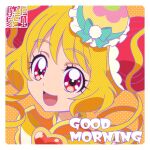  1girl blonde_hair bun_cover commentary cure_yum-yum delicious_party_precure drill_hair good_morning hanamichi_ran hat kamikita_futago long_hair magical_girl official_art open_mouth precure red_eyes smile solo swept_bangs twin_drills 