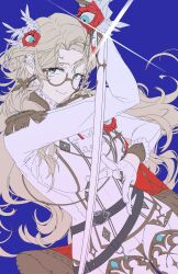  1girl aia_amare aia_amare_(3rd_costume) aqua_eyes blonde_hair blue_background breasts cape commentary_request cross cross_earrings earclip earrings epaulettes extra_eyes eyewear_strap flat_color glasses glint gloves highres jewelry large_breasts long_hair looking_at_viewer nijisanji nijisanji_en red_cape semi-rimless_eyewear simple_background smile so_un_so solo suit thigh_gap virtual_youtuber white_gloves white_suit 