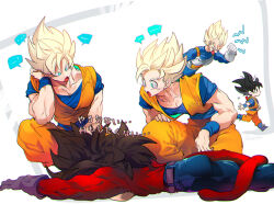  black_hair blue_eyes blue_sash closed_mouth dougi dragon_ball dragon_ball_gt gloves highres long_hair male_focus monkey_boy monkey_tail multiple_boys muscular muscular_male ommmyoh open_mouth pants red_fur ruyi_jingu_bang saiyan sash son_goku spiky_hair super_saiyan super_saiyan_1 super_saiyan_4 tail twitter_username vegeta 