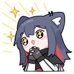  +_+ 1girl :3 animal_ears arknights black_gloves black_hair blush_stickers brown_eyes chibi ear_piercing fingerless_gloves gloves huang_qing_ye jacket own_hands_clasped own_hands_together piercing redhead simple_background solo texas_(arknights) white_background white_jacket wolf_ears wolf_girl 