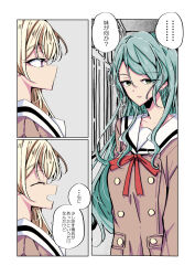  ... 2girls ^_^ aqua_hair bang_dream! blonde_hair brown_dress closed_eyes collarbone commentary dress green_eyes hallway hikawa_sayo indoors long_hair long_sleeves multiple_girls neck_ribbon open_mouth red_ribbon ribbon ryu_minbs sailor_collar sailor_dress school shirasagi_chisato spoken_ellipsis standing translation_request violet_eyes white_sailor_collar winter_uniform 