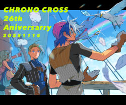  1girl 3boys amulet anniversary armor bandana bird black_border black_jacket blonde_hair blue_eyes blue_hair blue_shirt boat border brown_gloves carrying chainmail chrono_cross commentary_request copyright_name cropped_jacket curly_hair dated falling_feathers feathers gloves hand_on_own_hip jacket karsh_(chrono_cross) leah_(chrono_cross) letterboxed long_hair male_focus military_jacket multiple_boys norris_(chrono_cross) on_boat open_mouth piggyback pointing rainbow red_bandana serge_(chrono_cross) shirt short_hair smile watercraft yui_(marine-drive) 