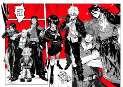  2girls 6+boys abarai_renji absurdres ayasegawa_yumichika bag bald bandaid bandaid_on_face baseball_bat belt bleach blowing_bubble_gum chain chest_tattoo chewing_gum child clenched_hand crossed_arms delinquent eyepatch greyscale_with_colored_background hand_in_pocket hand_on_own_chin hands_on_own_hips hashtag-only_commentary headband highres holding holding_bag holding_baseball_bat holding_sword holding_weapon jacket jacket_on_shoulders jewelry kon_(bleach) kuchiki_byakuya kuchiki_rukia kurosaki_ichigo kusajishi_yachiru looking_at_viewer madarame_ikkaku multiple_boys multiple_girls neck_ribbon necklace open_clothes open_jacket over_shoulder ribbon sailor_collar school_bag school_uniform skirt smile smirk spiky_hair sword tattoo undercut weapon weapon_over_shoulder wooden_sword xi_luo_an_ya zaraki_kenpachi 