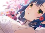  1girl bare_shoulders blue_hair blurry blurry_background blush breasts close-up dress earrings floral_background flower hair_flower hair_ornament heart heart_earrings idolmaster idolmaster_million_live! idolmaster_million_live!_theater_days jewelry looking_at_viewer medium_breasts nanao_yuriko open_mouth short_hair solo white_dress yellow_eyes yurancoco 