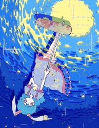  1girl animal_ears bloomers blue_dress blue_hair commentary_request dress earclip highres holding holding_mallet itomugi-kun long_hair looking_at_viewer mallet puffy_short_sleeves puffy_sleeves rabbit_ears red_eyes seiran_(touhou) short_sleeves smile solo touhou upside-down white_bloomers 