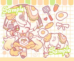  1girl ;d apron baguette black_shoes black_skirt blush_stickers bow bowtie bread carrot chibi chibi_only double-parted_bangs egg_(food) food full_body green_eyes grid_background hair_between_eyes highres holding holding_spatula long_hair long_sleeves looking_at_viewer one_eye_closed open_mouth original qin'aide sample_watermark shirt shoes skirt smile socks solo spatula standing standing_on_one_leg watermark white_apron white_background white_hair white_shirt yellow_bow yellow_bowtie yellow_socks 