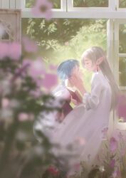  1girl absurdres blue_hair blurry blurry_foreground book dress earrings elf flower frieren frilled_dress frills grey_hair hand_on_another's_cheek hand_on_another's_face hetero highres himmel_(sousou_no_frieren) holding holding_book ikachyu jewelry long_hair long_pointy_ears long_sleeves looking_at_another nightgown pointy_ears short_hair sousou_no_frieren teardrop_earrings white_nightgown 