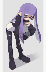  1girl absurdres black_boots black_jacket black_leggings boots full_body grey_background grey_eyes highres inkling inkling_girl inkling_player_character jacket lace-up_boots leggings long_hair long_sleeves looking_at_viewer multicolored_jacket pointy_ears purple_hair solo splatoon_(series) standing surume01417 torn_clothes torn_leggings two-tone_jacket white_jacket 