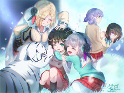  1other 5girls ahoge aoi_erika blonde_hair blue_eyes brown_hair byakko_(heaven_burns_red) eyepatch flower hairband heaven_burns_red highres higuchi_seika hiiragi_kozue inarisakura licking licking_another's_face medical_eyepatch minase_ichigo minase_sumomo multiple_girls short_hair tiger violet_eyes white_tiger 