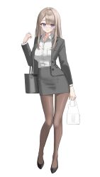  1girl arale_(ara1e) bag black_jacket black_pantyhose black_shoes black_skirt blonde_hair blue_eyes commentary full_body grey_bag highres holding holding_bag jacket long_hair looking_at_viewer original pantyhose pencil_skirt shirt shoes simple_background skirt solo standing white_background white_bag white_shirt 